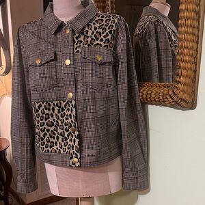 New Cato Black and Brown Plaid Jacket with Leopard Detail